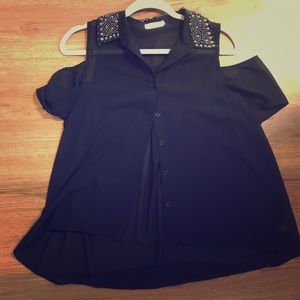 Black open shoulder button down blouse